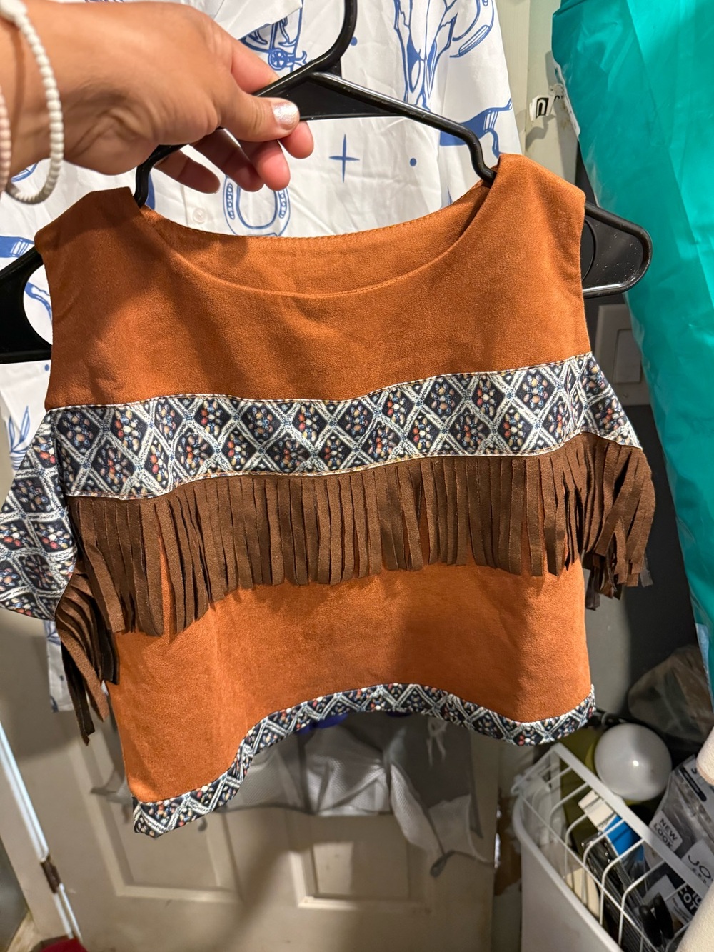 Brown girl Suede Fringe Crop Top with Aztec Trim